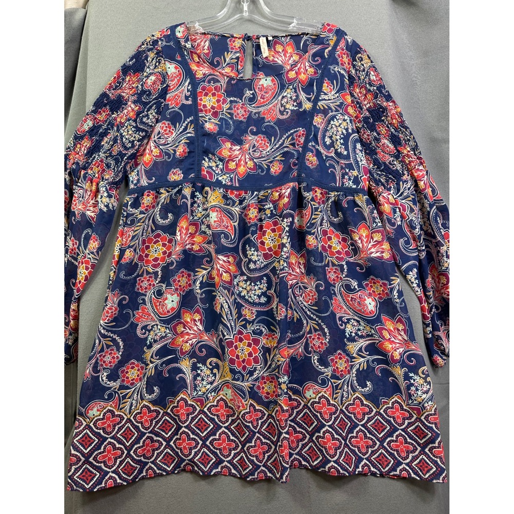 Red Camel Women Navy Blue Paisley Floral Smocked Sleeve Boho Tunic Top Large